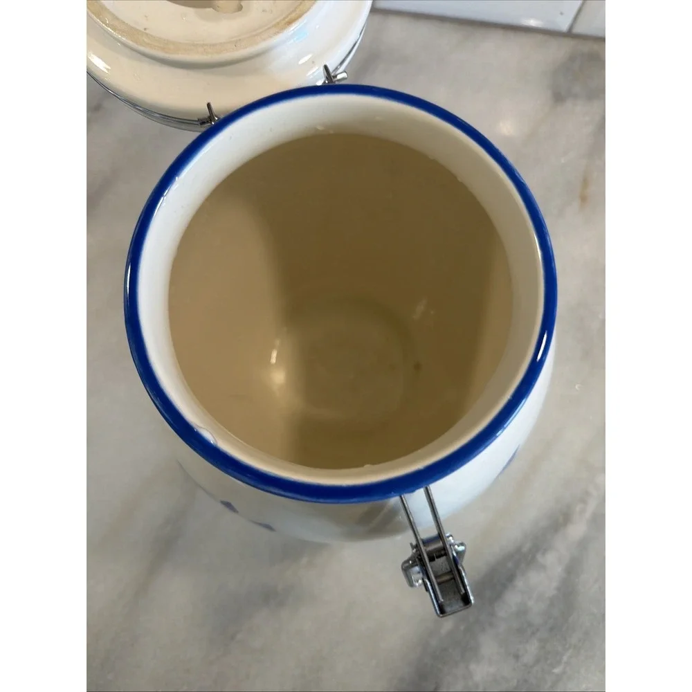 Inspirado Canister Cookie Jar White Blue Stonelite‎ Hinged Seal Lid 9.75